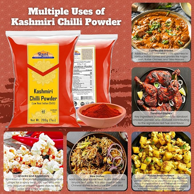 Rani Kashmiri Chilli Powder (Deggi Mirch, Low Heat) Ground Indian Spice 7oz (200g) ~ All Natural