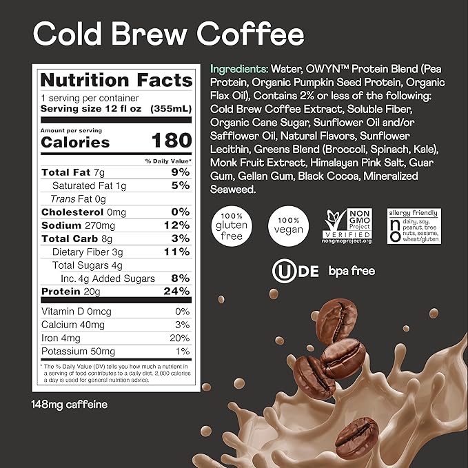 OWYN Only What You Need Vegan Plant-Based Protein Shake, Cold Brew Coffee, 12 Pack, with 20g Plant