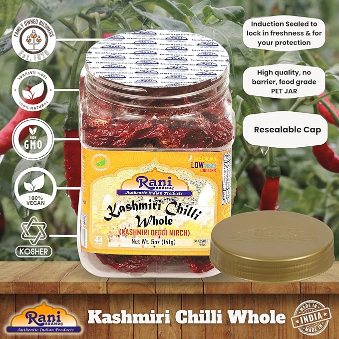 Rani Kashmiri Chilli Whole (Deggi Mirch, Low Heat) 5oz (141g) PET Jar ~ Natural | Salt-Free | Vegan
