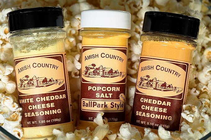 Amish Country Popcorn | BallPark Style Buttersalt - 5.5 oz, Cheddar Cheese - 4.7 oz & White Cheddar