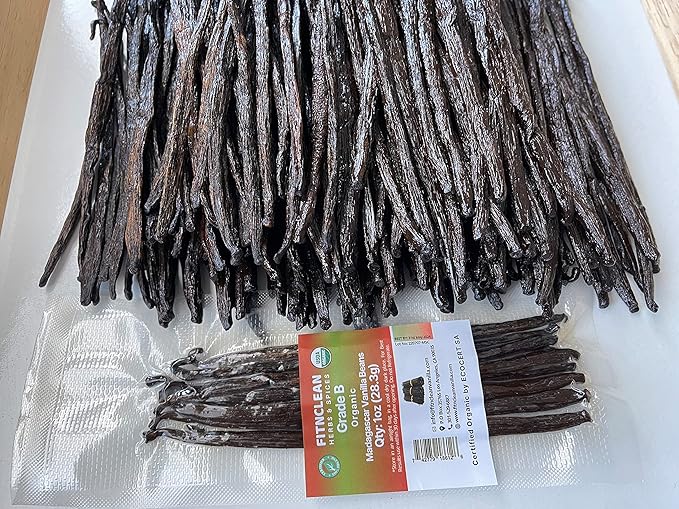 1oz Madagascar Vanilla Beans Grade B. Certified USDA Organic for extract, Cooking and Paste 5"-7"