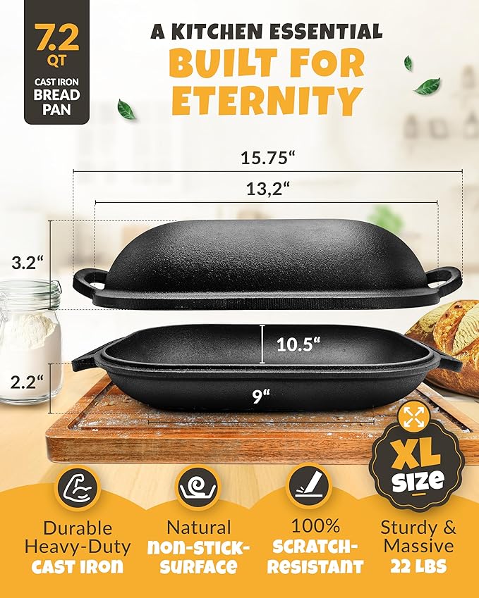 Cast Iron Bread-Pan with Lid - incl. Sourdough Bread Baking Supplies - like Banneton Bread-Proofing