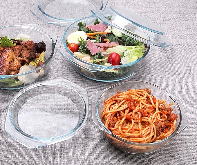 Set of 6 Pieces Round Tempered Glass Casserole Dish with Lids, Glass Casserole Baking Dish Set for