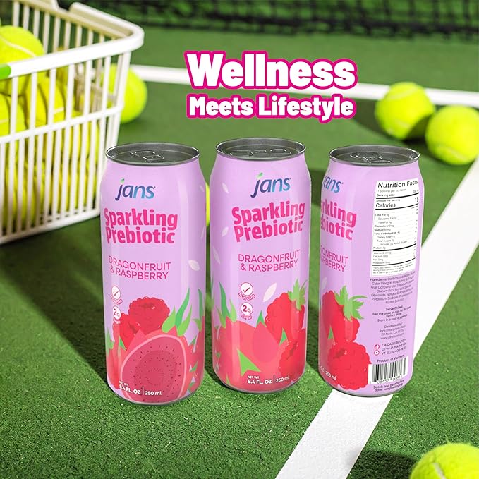 Jans Sparkling Prebiotic Soda Beverage ??Dragonfruit & Raspberry 8.4 Fl Oz (6-Pack) ??Low Calorie