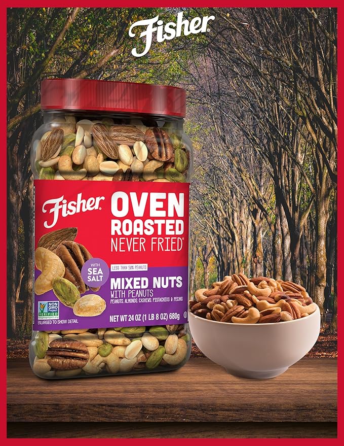 Fisher Oven Roasted Never Fried Mixed Nuts with Peanuts, 24 Ounces (Pack of 1), Peanuts, Almonds