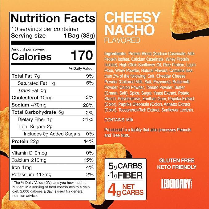 Legendary Foods Cheesy Nacho Protein Chips – Popped Tortilla Style – 22g High Protein, 4g Net