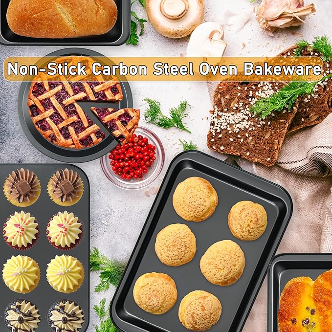 Kitchen 5-Piece Nonstick Bakeware Set - Round/Square Cake Pans, Muffin Pan, Loaf Pan, Roast Pan &