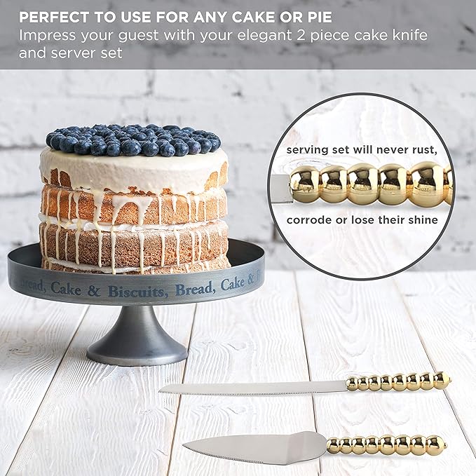 Homi styles wedding cake knife and server set | Elegant Gold Color With Beaded Handles & Premium