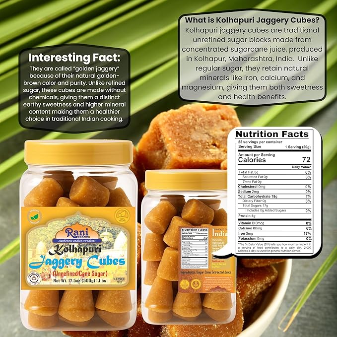 Rani Kolhapuri Jaggery Cubes (Unrefined Cane Sugar) 17.5oz (1.1lbs) 500g PET Jar ~ All Natural, No