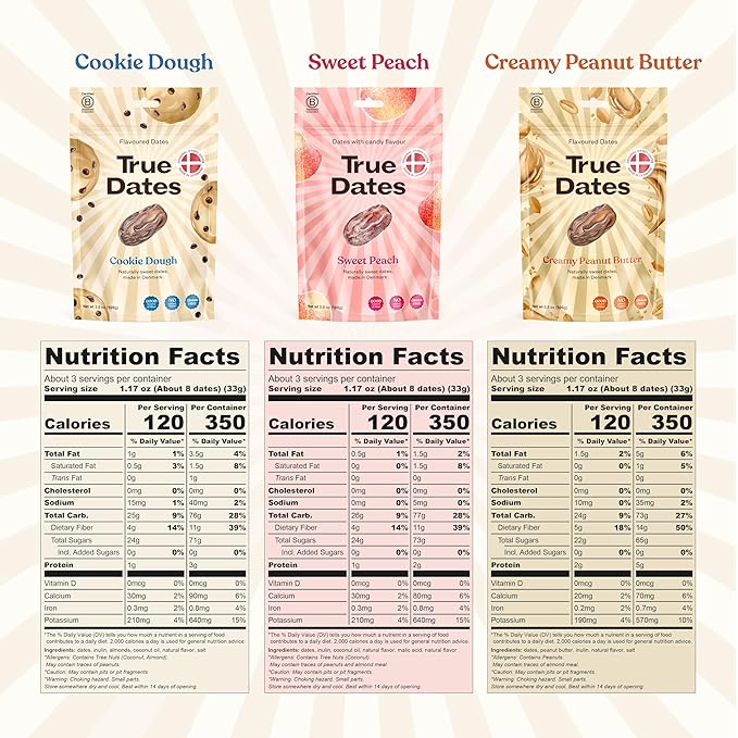 True Dates, Sweet Flavor Variety, 3-3.5 Ounce Bags (Creamy Peanut Butter, Cookie Dough, Sweet