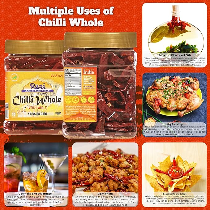 Rani Chilli Whole (Lal Mirch Sabut) 5oz (141g) PET Jar ~ All Natural, Salt-Free | Vegan | No Colors