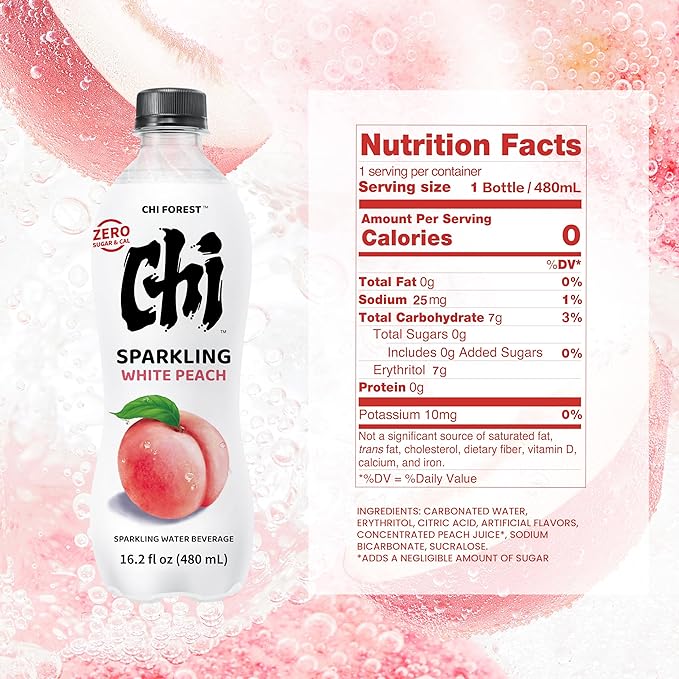 CHI FOREST Flavored Sparkling Water Beverage, White Peach, Zero Sugar, 16.2 fl oz Bottles (pack of