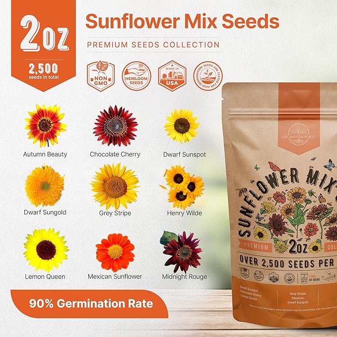 Sunflower Mix Seeds Pack 2 oz - Over 2,500 Non-GMO Heirloom Sunflower Seeds for Planting, Annual