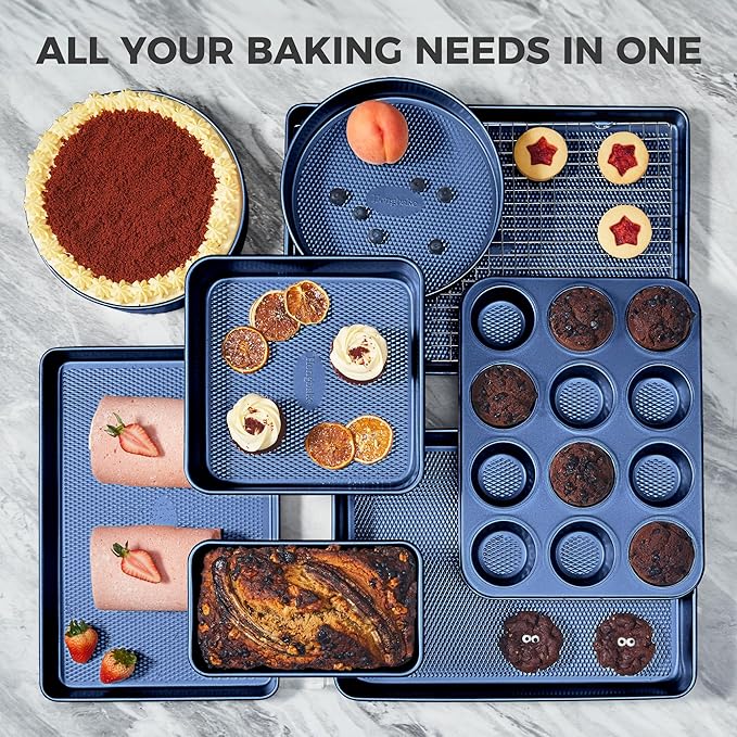 HONGBAKE 9-Piece Baking Pans Set Nonstick, Stackable Non Toxic Bakeware Sets with Diamond Texture