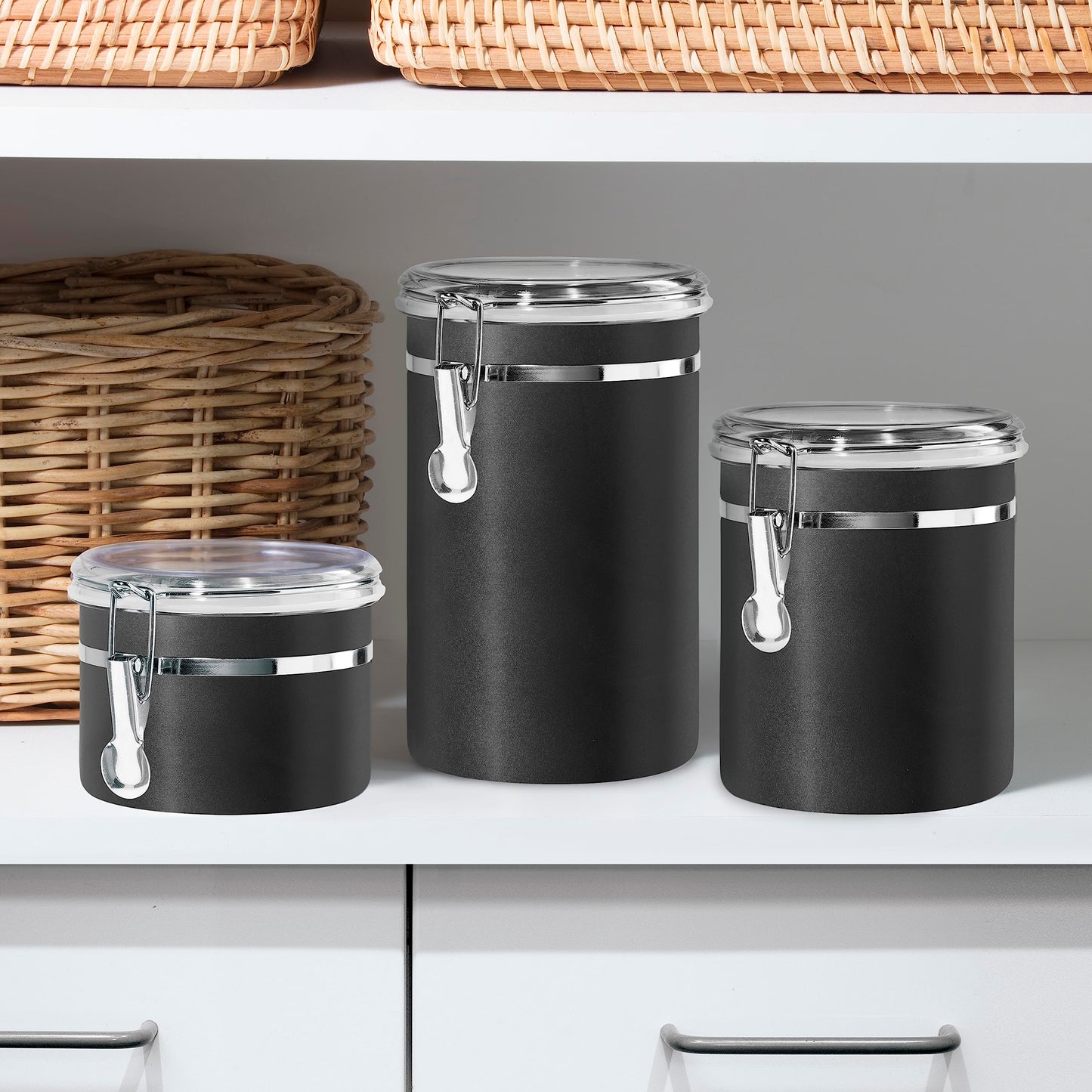Oggi Stainless Steel Kitchen Canister 47 fl oz, Black - Airtight Clamp Lid, Clear See-Thru Top