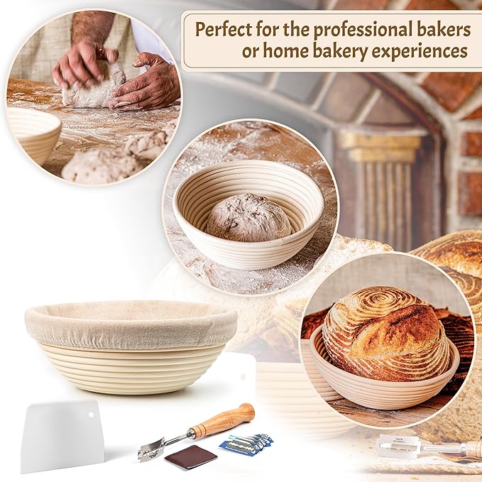 Sourdough Bread Baking Supplies Starter Kit, Banneton Proofing Basket 9'' Round, Sourdough Starter