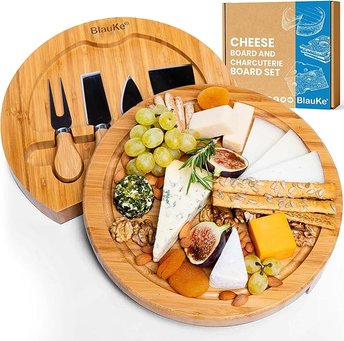 BlauKe Bamboo Cheese Board and Knife Set - 10 inch Round Charcuterie Board, Serving Tray, Platter