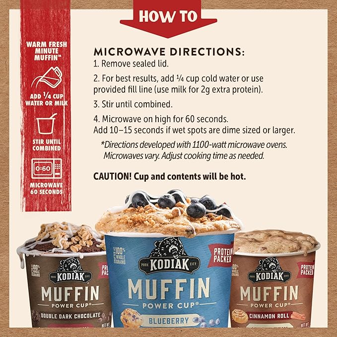 Kodiak Cakes Minute Muffin Cup Variety Pack - 100% Whole Grains, Double Dark Chocolate, Blueberry &