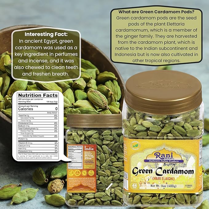 Rani Green Cardamom Pods Spice (Hari Elachi) 14oz (400g) PET Jar ~ All Natural | Vegan | Gluten