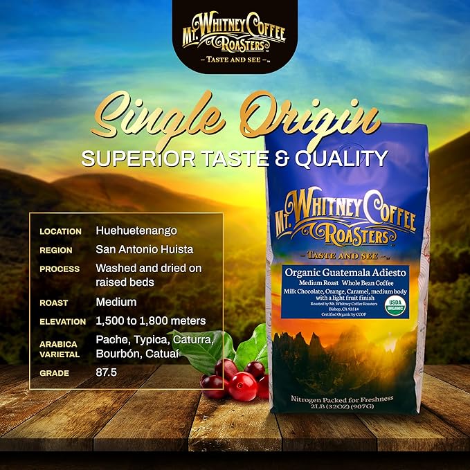 Mt. Whitney Guatemala Adiesto Cooperative Organic, Low Acid - Whole Bean Coffee (Whole, 2 lb)