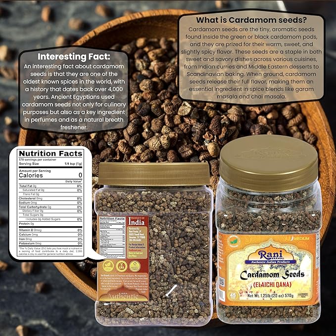 Rani Cardamom (Elachi) Decorticated Seeds Indian Spice 20oz (1.25lbs) 571g PET Jar ~ All Natural |