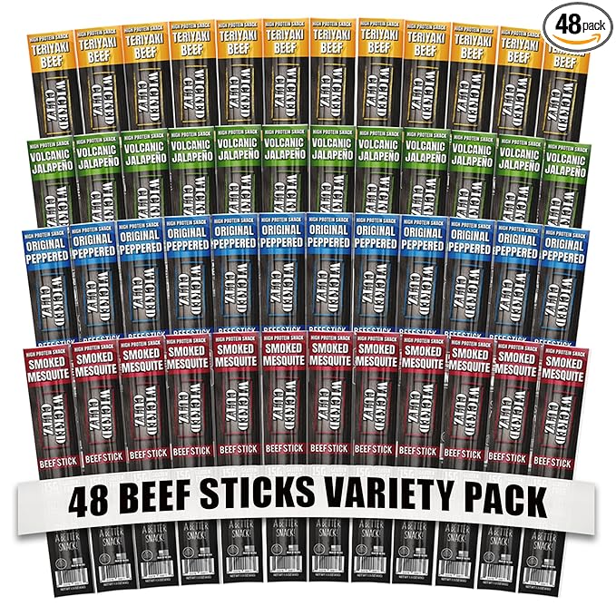 Wicked Cutz Beef Sticks Variety Pack, 4 Flavors & 15g Protein Per Meat Stick, Tender & Easy to Chew