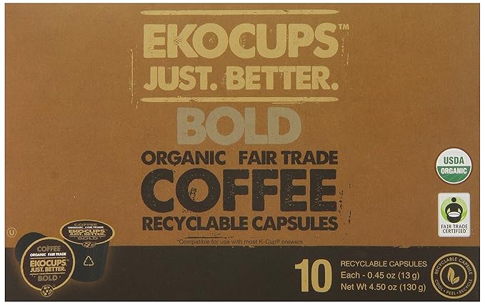 EKOCUPS Artisan Organic Bold Hot or Iced Coffee, Dark roast, in Recyclable Single Serve Cups for