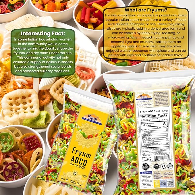 Rani Far Far/Fryums (Wheat & Tapioca Pellet) ABCD Shape 7oz (200g) ~ Vegan, Kosher, Uncooked, Used