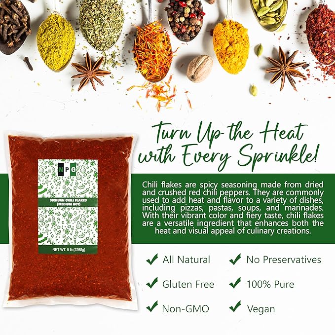 NPG Authentic Sichuan Chili Flakes 5 LB Bulk, Medium Hot, Szechuan Crushed Red Pepper Flakes Bulk