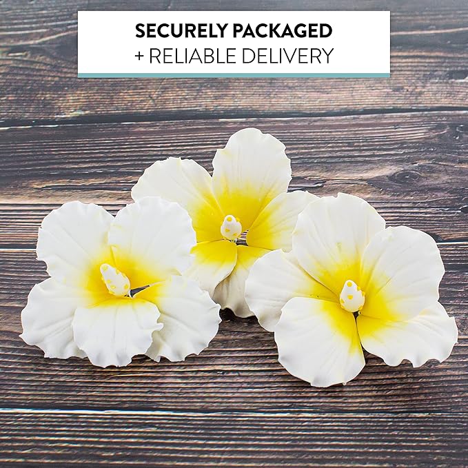 Global Sugar Art Hibiscus Sugar Cake Flowers, White with Yellow, Hawaiian Cake Flower Large 3 Count