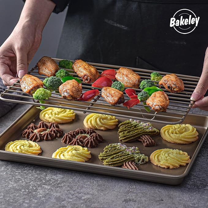 13-inch Baking Sheet Pan with Rack, Non-Stick Rectangular Shallow Dish Sheet Pan with Wire Rack for