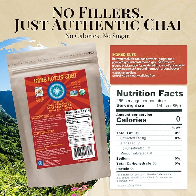 Blue Lotus Chai - Organic Golden Rooibos Masala Chai - Makes 265 Cups - 8oz Bag Masala Spiced Chai