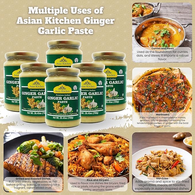 Asian Kitchen Ginger Garlic Cooking Paste 26.5oz (750g) Glass Jar, Pack of 5+1 FREE ~ Vegan |