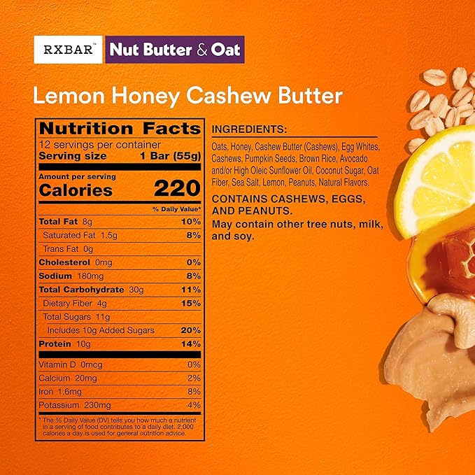 RXBAR Nut Butter and Oat Protein Bars, Protein Snacks, Snack Bars, Lemon Honey Cashew Butter