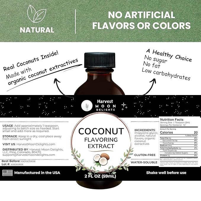 Natural Coconut Extract - 2 oz - Water-Soluble - By Harvest Moon Delights - Coconut Extract for