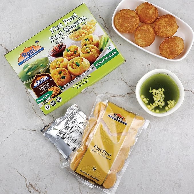 Rani Pani Puri Coins (Uncooked, Microwaveable wheat and Semolina Coins) 7oz (200g) with Pani Puri