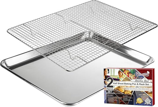 KITCHENATICS Aluminum Baking Pan Half Sheet with Grid: Baking Sheet with Wire Rack, 13 x 18 Baking
