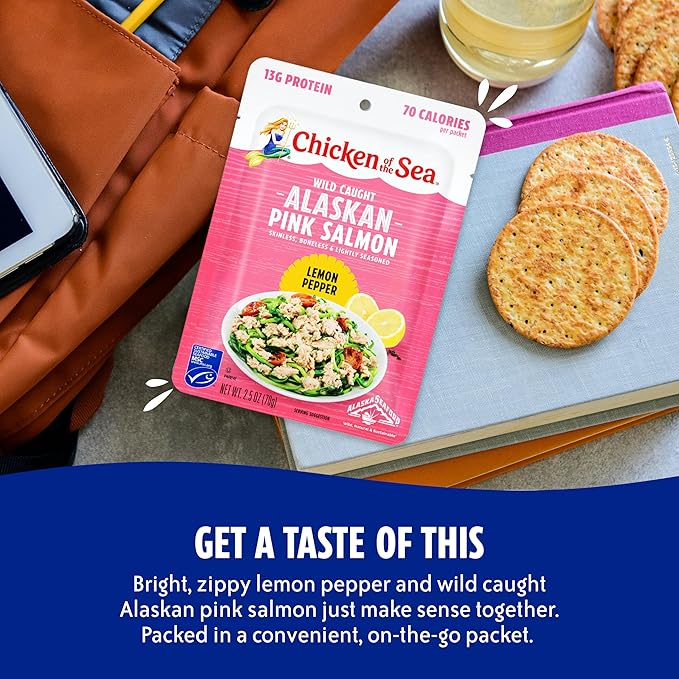 Chicken of the Sea Alaskan Pink Salmon, 2.5 Ounce Packets (Box of 12), Wild Caught Salmon, Lemon