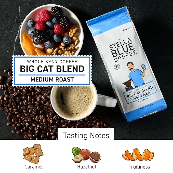Stella Blue Whole Bean Coffee, Big Cat Blend, Medium Roast, Caramel, Hazelnut and Fruity Notes