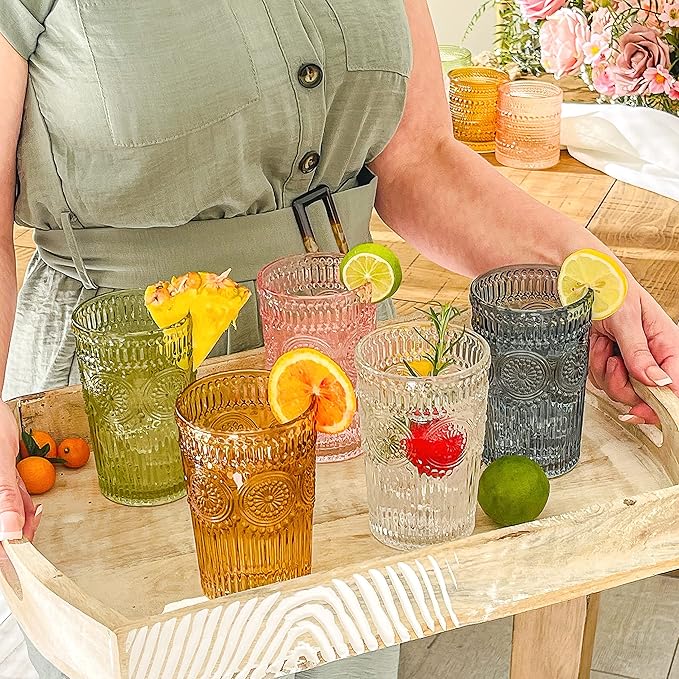 Kate Aspen Vintage Textured Amber Striped Drinking Glasses Set of 6-13 oz Ribbed Glassware with