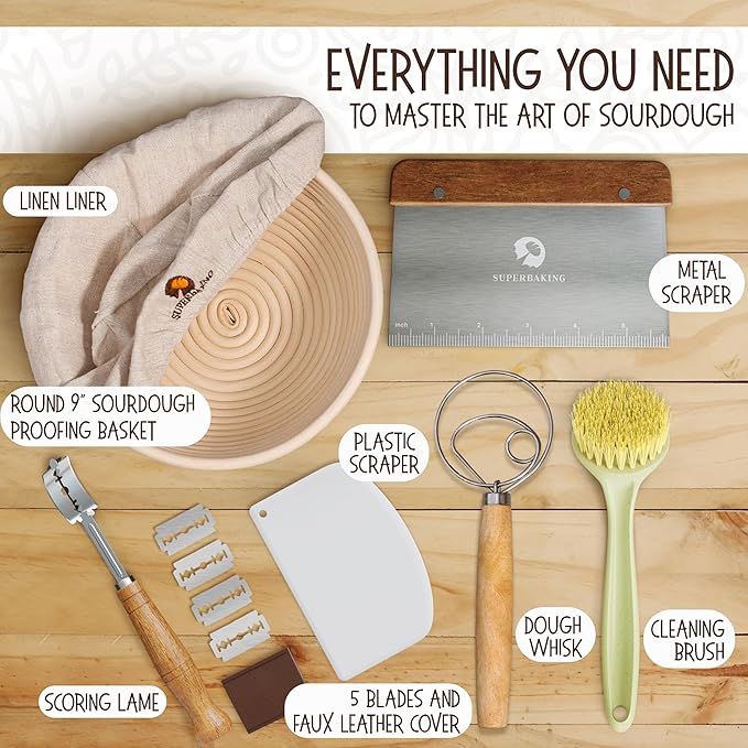 Superbaking 9' Round Banneton Bread Proofing Basket Gift Set??Sourdough Starter Kit for Crusty
