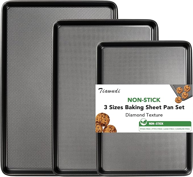 Tiawudi Baking Sheet Pan Set, 0.8mm Thick Heavy Duty Cookie Sheet with Diamond Texture Pattern
