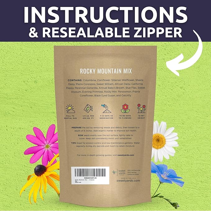 Rocky Mountain Regional Mix - Bulk 1/4 Pound Pouch - 100,000 Flower Seeds for Planting - Wildflower