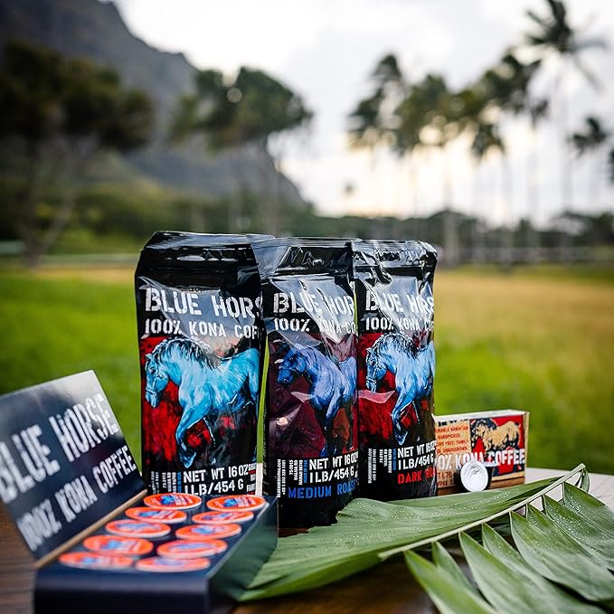 Blue Horse 100% Kona Coffee Pods, Medium Roast, 10ct Single Serve, Compatible with K Cups 2.0, Farm