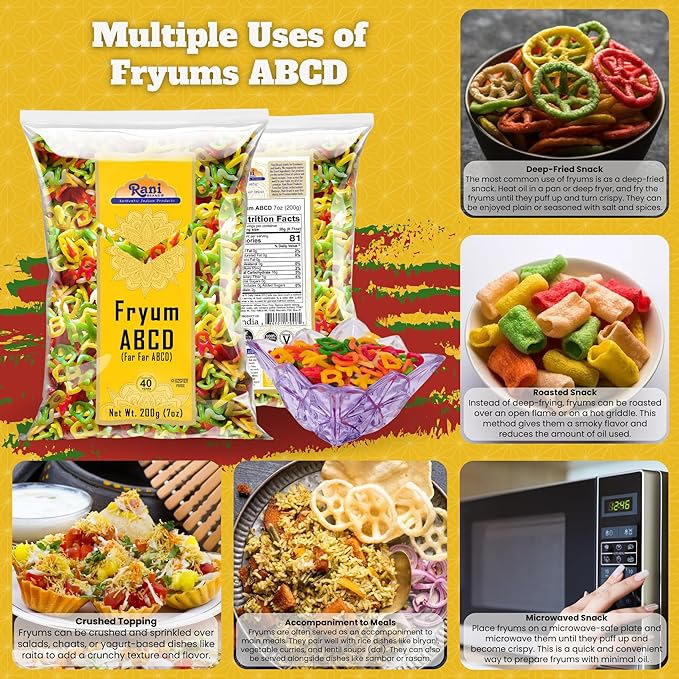 Rani Far Far/Fryums (Wheat & Tapioca Pellet) ABCD Shape 7oz (200g) ~ Vegan, Kosher, Uncooked, Used