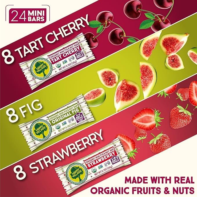 Happy Village Organic Mini Fig & Nut Bars, VARIETY (24 Packs, 0.7 OZ each), No Refined Sugar