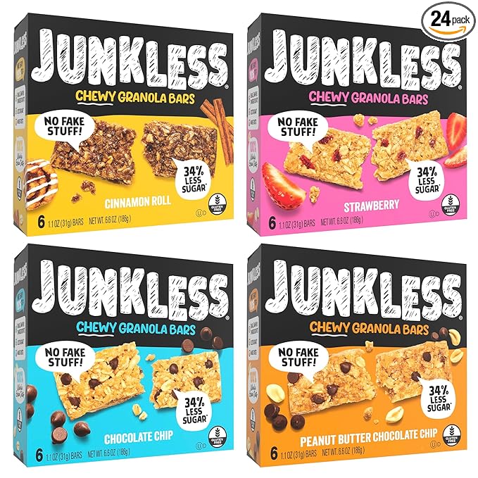 JUNKLESS Chewy Granola Bar 4?멑lavor Variety Pack (24 Bars)?밡on?멒MO, Gluten?멑ree, Less Sugar Snack