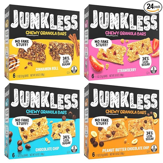 JUNKLESS Chewy Granola Bar 4?멑lavor Variety Pack (24 Bars)?밡on?멒MO, Gluten?멑ree, Less Sugar Snack