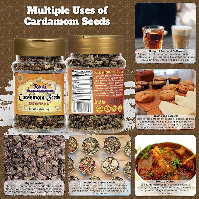 Rani Cardamom (Elachi) Decorticated Seeds Indian Spice 3.25oz (92g) PET Jar~ All Natural | Vegan |