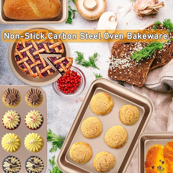 Nonstick Baking Pans Set, 5-Piece Kitchen Baking Sheets for Oven, Bakeware Sets with Round/Square